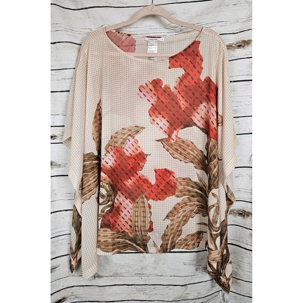 Chico's Sheer Floral Chiffon Poncho L/XL Womens Topper Layer Fairy
